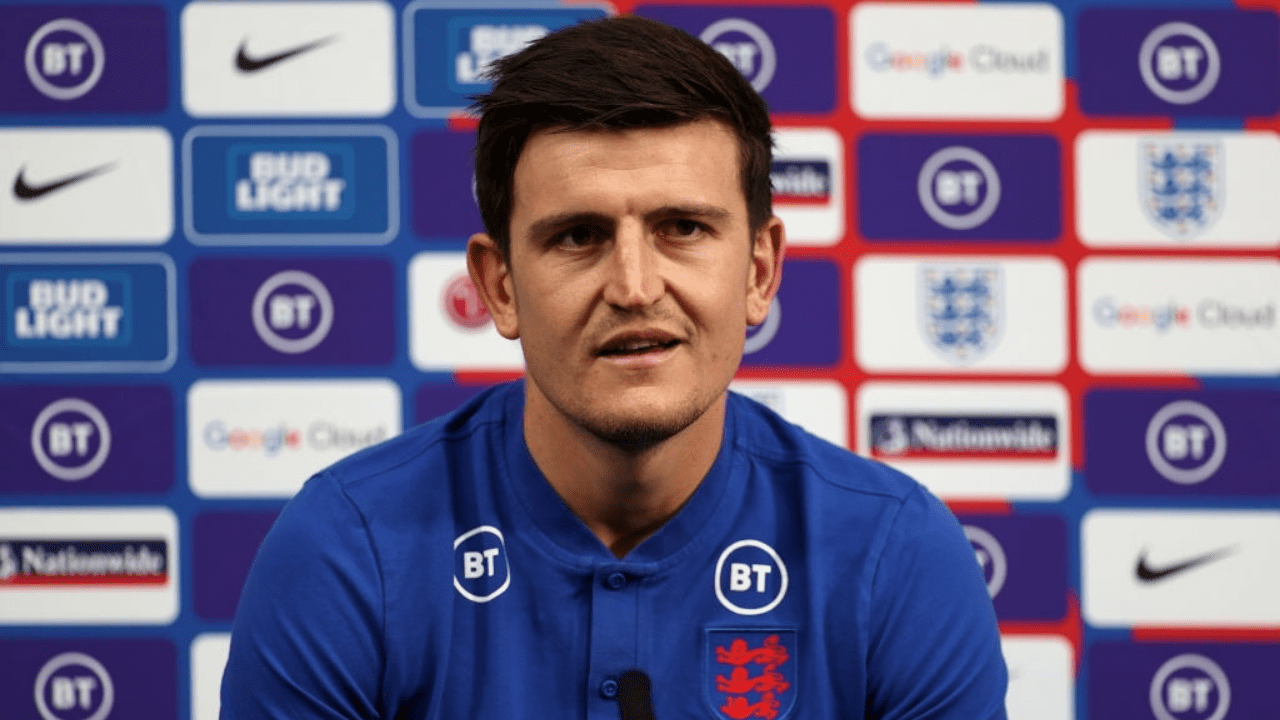 BURTON-UPON-TRENT, ENGLAND - SEPTEMBER 01: Harry Maguire of England talks to the media during a press conference at St Georges Park on September 01, 2021 in Burton-upon-Trent, England. (Photo by Eddie Keogh - The FA/The FA via Getty Images)