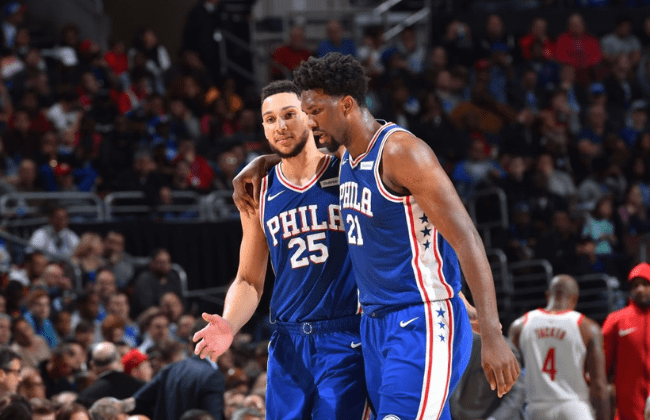 PHILADELPHIA, PA - OCTOBER 25:  Ben Simmons #25 and Joel Embiid #21 of the Philadelphia 76ers during the game against the Houston Rockets on October 25, 2017 at Wells Fargo Center in Philadelphia, Pennsylvania. NOTE TO USER: User expressly acknowledges and agrees that, by downloading and or using this photograph, User is consenting to the terms and conditions of the Getty Images License Agreement. Mandatory Copyright Notice: Copyright 2017 NBAE (Photo by Jesse D. Garrabrant/NBAE via Getty Images)