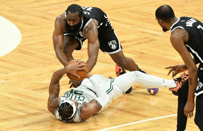 May 30, 2021; Boston, Massachusetts, USA; Boston Celtics guard Marcus Smart (36) and Brooklyn Nets guard James Harden (13) reach for the ball during the second half of game four in the first round of the 2021 NBA Playoffs. at TD Garden. Mandatory Credit: Brian Fluharty-USA TODAY Sports