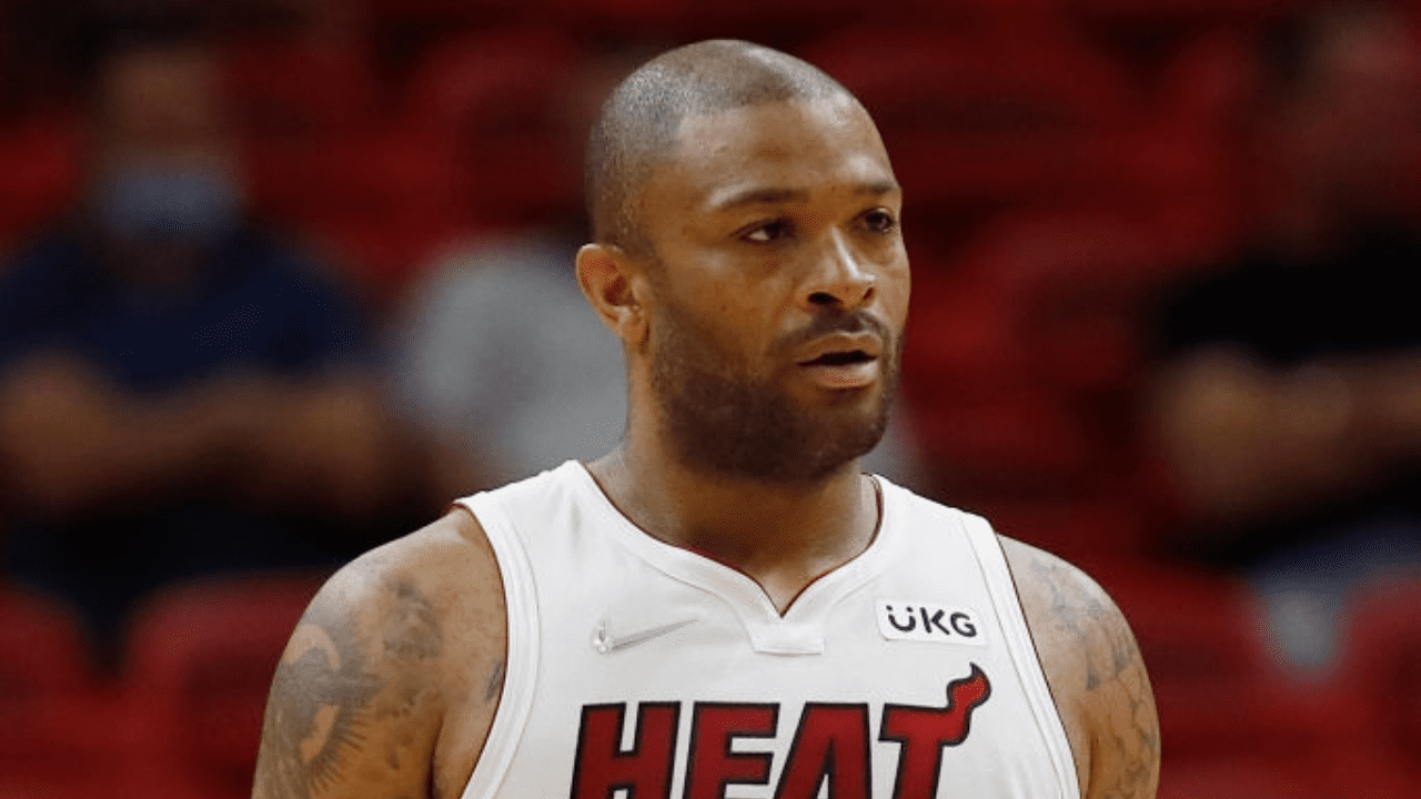 MIAMI, FLORIDA - OCTOBER 15: P.J. Tucker #17 of the Miami Heat looks on against the Boston Celtics during the first quarter of a preseason game at FTX Arena on October 15, 2021 in Miami, Florida. NOTE TO USER: User expressly acknowledges and agrees that, by downloading and or using this photograph, User is consenting to the terms and conditions of the Getty Images License Agreement. (Photo by Michael Reaves/Getty Images)