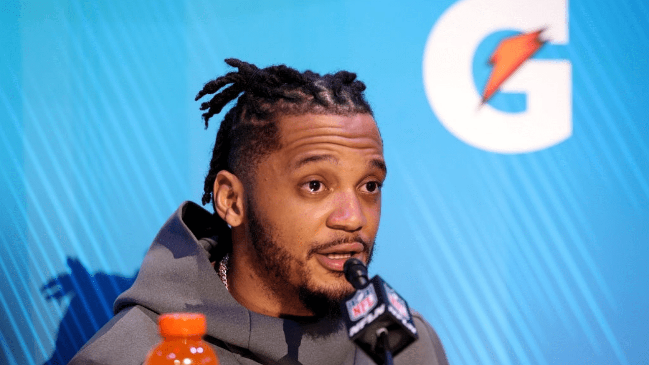 ATLANTA, GEORGIA - JANUARY 28: Patrick Chung #23 of the New England Patriots talks to the media during Super Bowl LIII Opening Night at State Farm Arena on January 28, 2019 in Atlanta, Georgia. (Photo by Rob Carr/Getty Images)