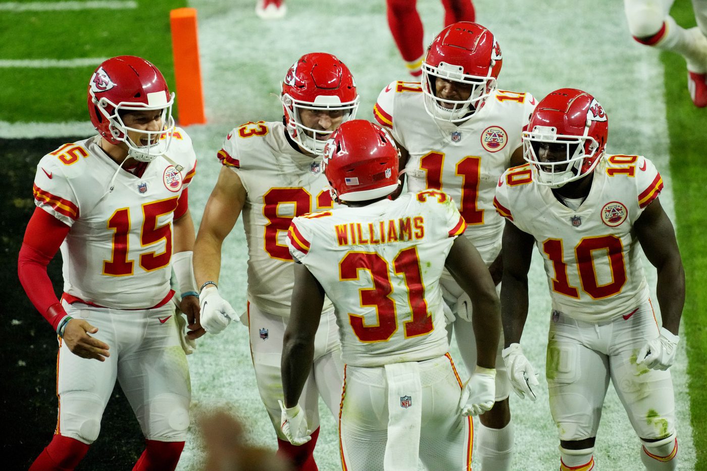 Nov 14, 2021; Paradise, Nevada, USA; Kansas City Chiefs running back Darrel Williams (31) celebrates with quarterback Patrick Mahomes (15) and tight end Noah Gray (83) and wide receiver Demarcus Robinson (11) and wide receiver Tyreek Hill (10) after making a catch for a touchdown in the fourth quarter against the Las Vegas Raiders at Allegiant Stadium. Mandatory Credit: Kirby Lee-USA TODAY Sports