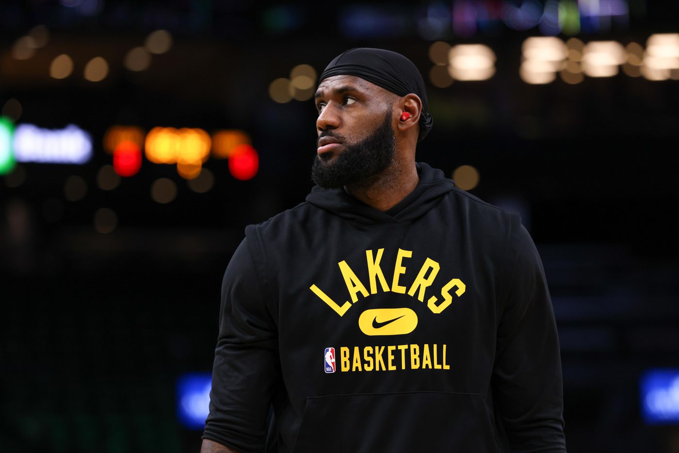 Nov 19, 2021; Boston, Massachusetts, USA; Los Angeles Lakers forward LeBron James (6) warms up before the Boston Celtics play the Los Angeles Lakers at TD Garden. Mandatory Credit: Paul Rutherford-USA TODAY Sports
