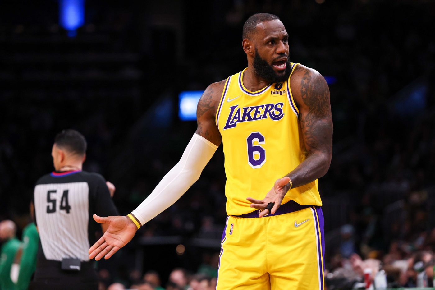 Nov 19, 2021; Boston, Massachusetts, USA; Los Angeles Lakers forward LeBron James (6) reacts during the second half against the Boston Celtics at TD Garden. Mandatory Credit: Paul Rutherford-USA TODAY Sports