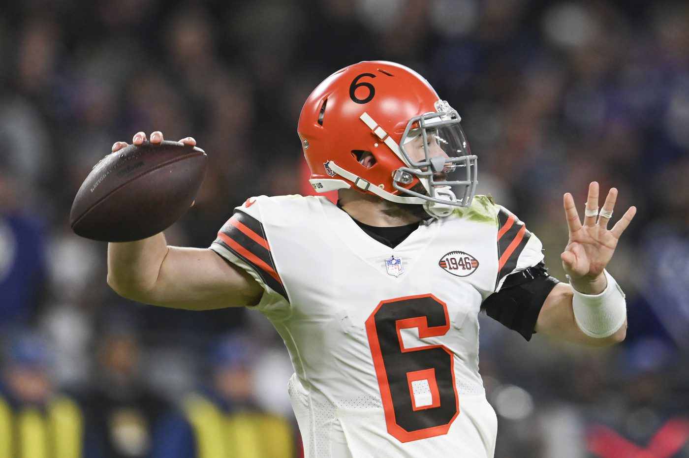 Nov 28, 2021; Baltimore, Maryland, USA; Cleveland Browns quarterback Baker Mayfield (6) looks to throw during the third quarter against the Baltimore Ravens at M&T Bank Stadium. Mandatory Credit: Tommy Gilligan-USA TODAY Sports