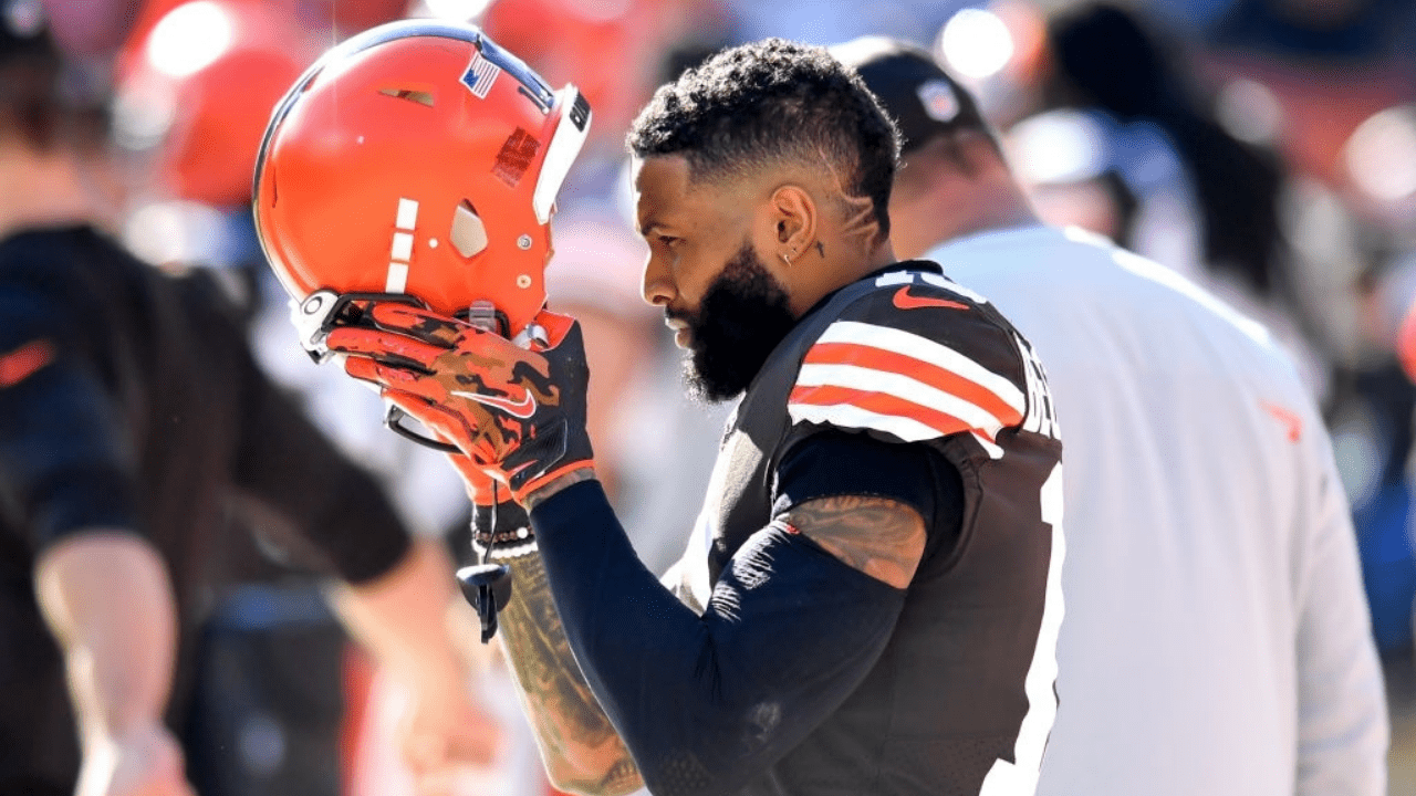 CLEVELAND, OH - OCTOBER 31: Odell Beckham Jr. #13 of the Cleveland Browns puts on his helmet during the second half against the Pittsburgh Steelers at FirstEnergy Stadium on October 31, 2021 in Cleveland, Ohio. (Photo by Nick Cammett/Diamond Images via Getty Images)