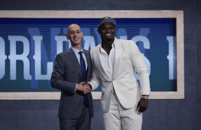 Jun 20, 2019; Brooklyn, NY, USA; Zion Williamson (Duke) greets NBA commissioner Adam Silver after being selected as the number one overall pick to the New Orleans Pelicans in the first round of the 2019 NBA Draft at Barclays Center. Mandatory Credit: Brad Penner-USA TODAY Sports