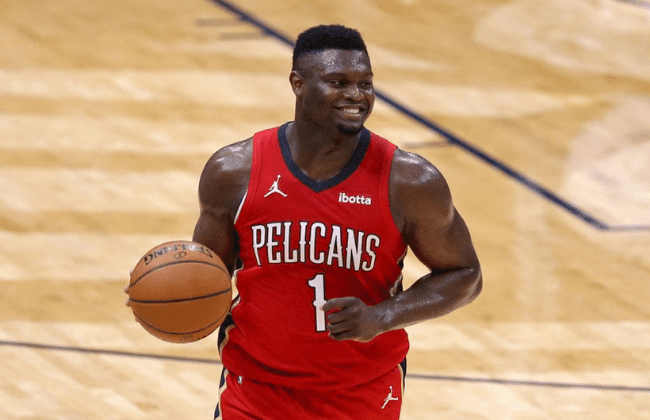Apr 24, 2021; New Orleans, Louisiana, USA; New Orleans Pelicans forward Zion Williamson (1) brings the ball upcourt against the San Antonio Spurs during the second quarter at the Smoothie King Center. Mandatory Credit: Chuck Cook-USA TODAY Sports