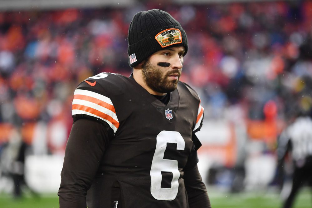 Nov 21, 2021; Cleveland, Ohio, USA; Cleveland Browns quarterback Baker Mayfield (6) walks off the field after the Browns beat the Detroit Lions at FirstEnergy Stadium. Mandatory Credit: Ken Blaze-USA TODAY Sports