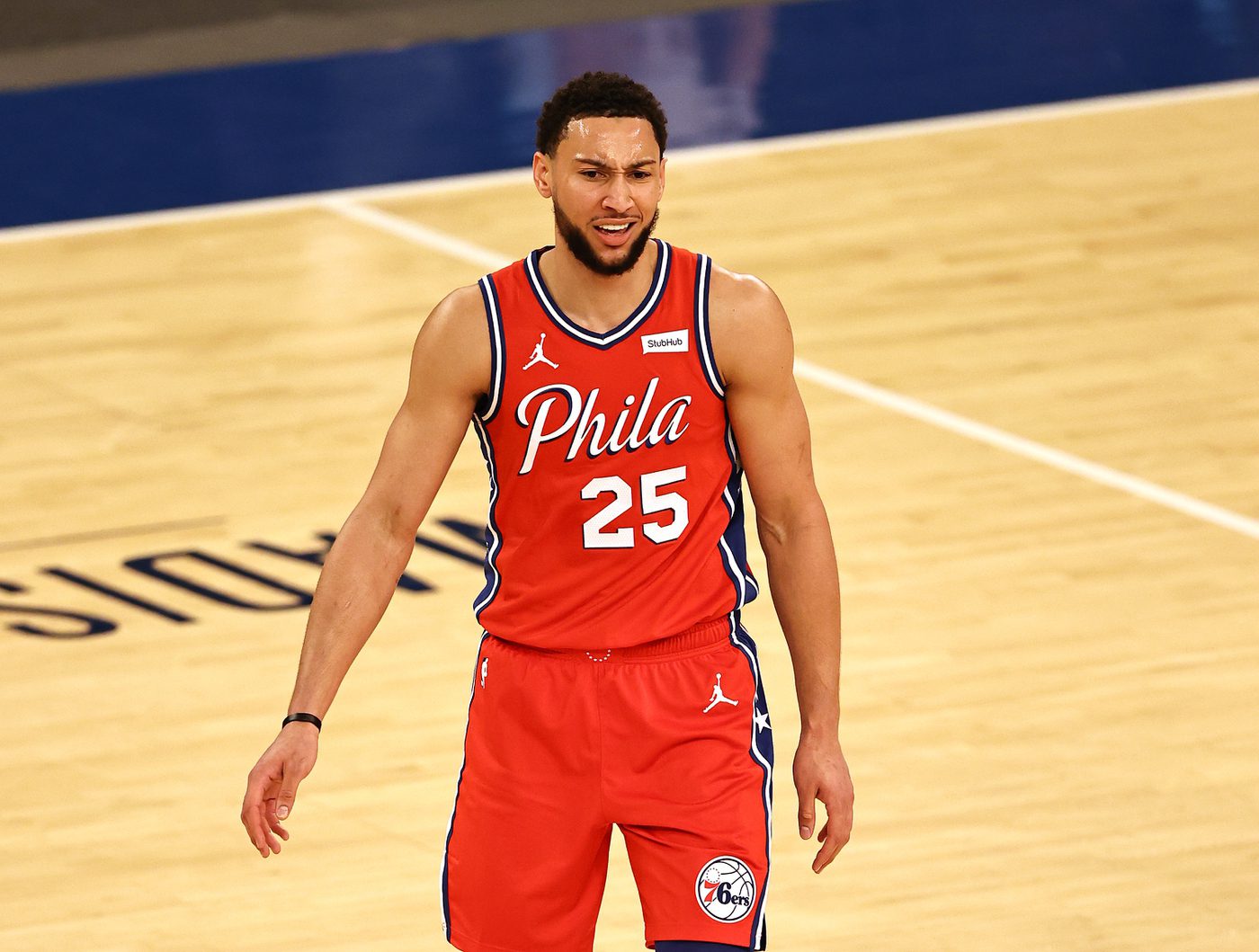 Mar 21, 2021; New York, New York, USA; Ben Simmons #25 of the Philadelphia 76ers reacts to a call in the first quarter against the New York Knicks at Madison Square Garden on March 21, 2021 in New York City. Mandatory Credit: Elsa/Pool Photo-USA TODAY Sports