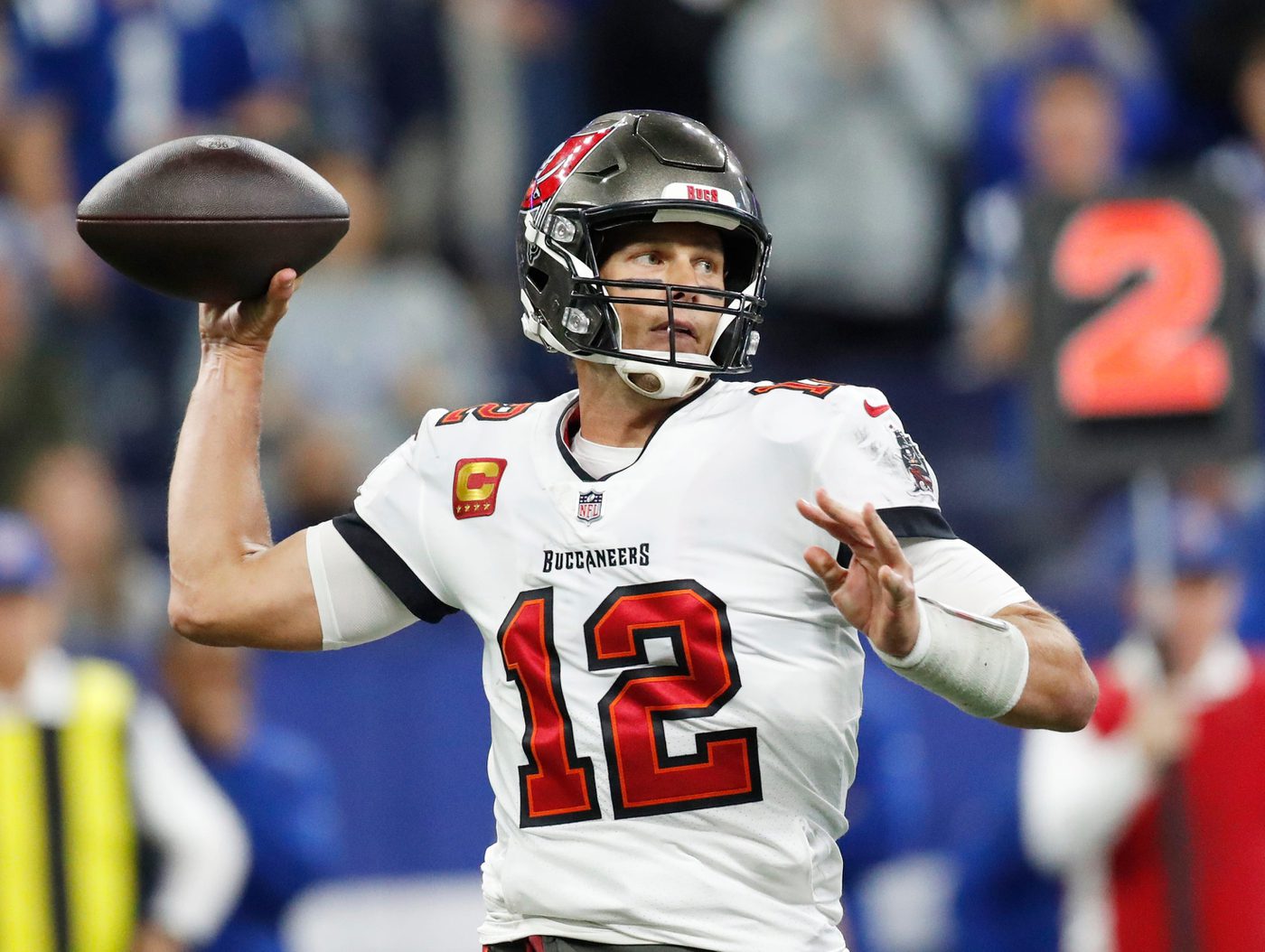 Tampa Bay Buccaneers quarterback Tom Brady (12) throws Sunday, Nov. 28, 2021, during a game against the Tampa Bay Buccaneers at Lucas Oil Stadium in Indianapolis. Tampa Bay won 38-31.