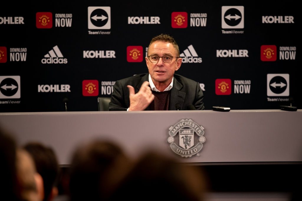 MANCHESTER, ENGLAND - DECEMBER 03: (EXCLUSIVE COVERAGE) Interim Manager Ralf Rangnick of Manchester United speaks during a press conference at Old Trafford on December 03, 2021 in Manchester, England. (Photo by Ash Donelon/Manchester United via Getty Images)