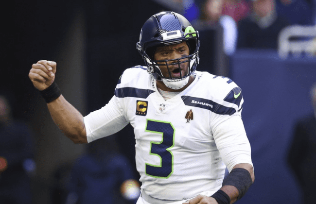 Dec 12, 2021; Houston, Texas, USA; Seattle Seahawks quarterback Russell Wilson (3) reacts after a touchdown pass during the second quarter against the Houston Texans at NRG Stadium. Mandatory Credit: Troy Taormina-USA TODAY Sports