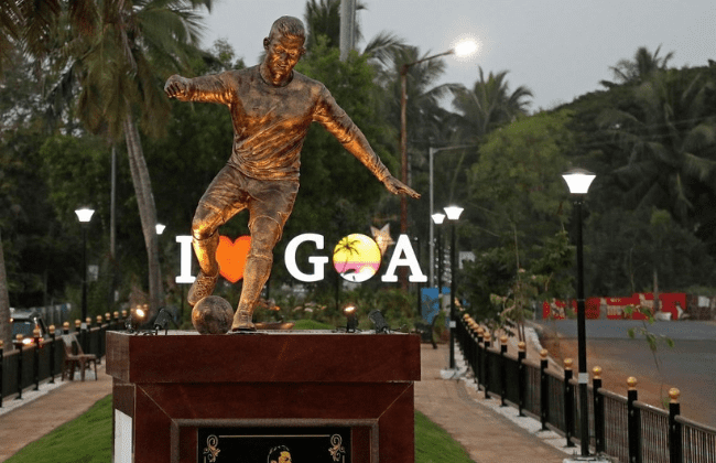 This photograph taken on December 30, 2021 shows a newly installed statue of Portuguese footballer Cristiano Ronaldo in Calangute after the statue has caused a stir, this time in Goa, the southern Indian state that was a Portuguese colony until 60 years ago. (Photo by AFP) (Photo by -/AFP via Getty Images