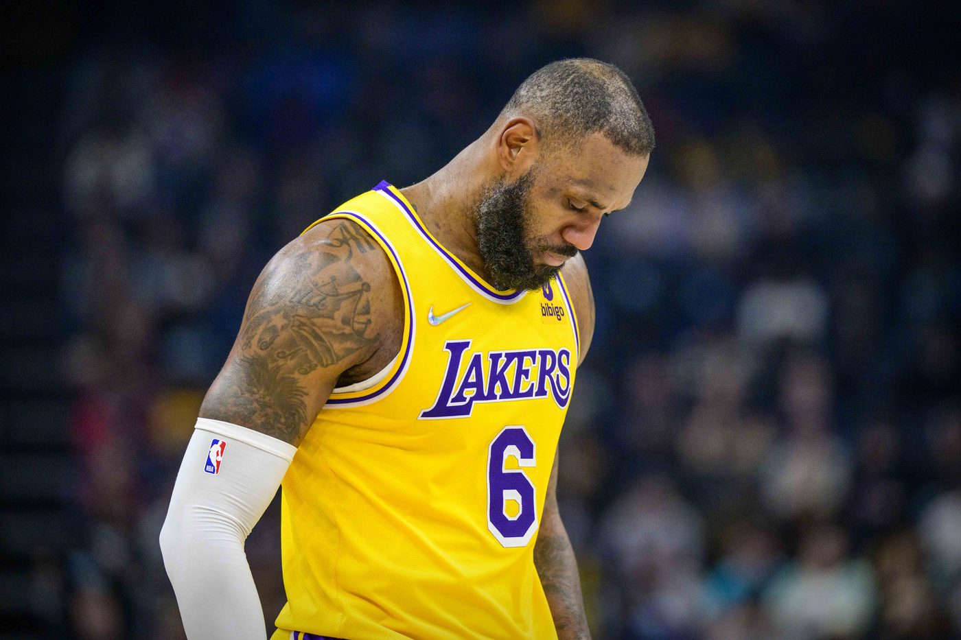 Dec 29, 2021; Memphis, Tennessee, USA; Los Angeles Lakers forward LeBron James (6) looks down during the second half against the Memphis Grizzlies at the FedExForum.