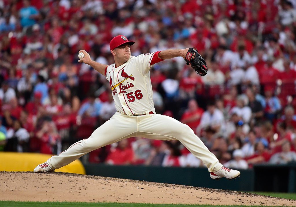 Jul 17, 2021; St. Louis, Missouri, USA; St. Louis Cardinals relief pitcher Ryan Helsley (56) pitches during the seventh inning against the San Francisco Giants at Busch Stadium. Mandatory Credit: Jeff Curry-USA TODAY Sports