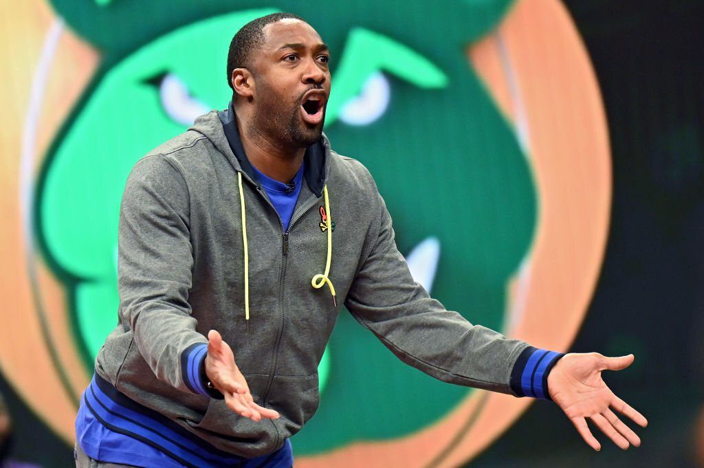 MILWAUKEE, WISCONSIN - AUGUST 05: Coach Gilbert Arenas of the Enemies reacts during the game against the Aliens during BIG3 - Week Five at the Fiserv Forum on August 05, 2021 in Milwaukee, Wisconsin.