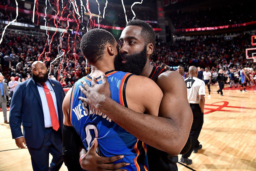 HOUSTON, TX - JANUARY 5: James Harden #13 of the Houston Rockets shares a hug with Russell Westbrook #0 of the Oklahoma City Thunder after the game on January 5, 2017 at the Toyota Center in Houston, Texas. NOTE TO USER: User expressly acknowledges and agrees that, by downloading and or using this photograph, User is consenting to the terms and conditions of the Getty Images License Agreement. Mandatory Copyright Notice: Copyright 2017 NBA