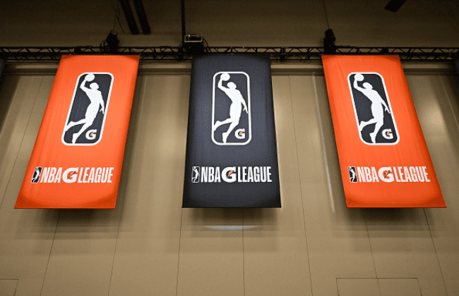 LAS VEGAS, NV - DECEMBER 20: A general view of NBA G League banners hanging before the 2022-23 G League Winter Showcase on December 20, 2022 in Las Vegas, Nevada. NOTE TO USER: User expressly acknowledges and agrees that, by downloading and or using this photograph, User is consenting to the terms and conditions of the Getty Images License Agreement. Mandatory Copyright Notice: Copyright 2022 NBAE (Photo by David Becker/NBAE via Getty Images)