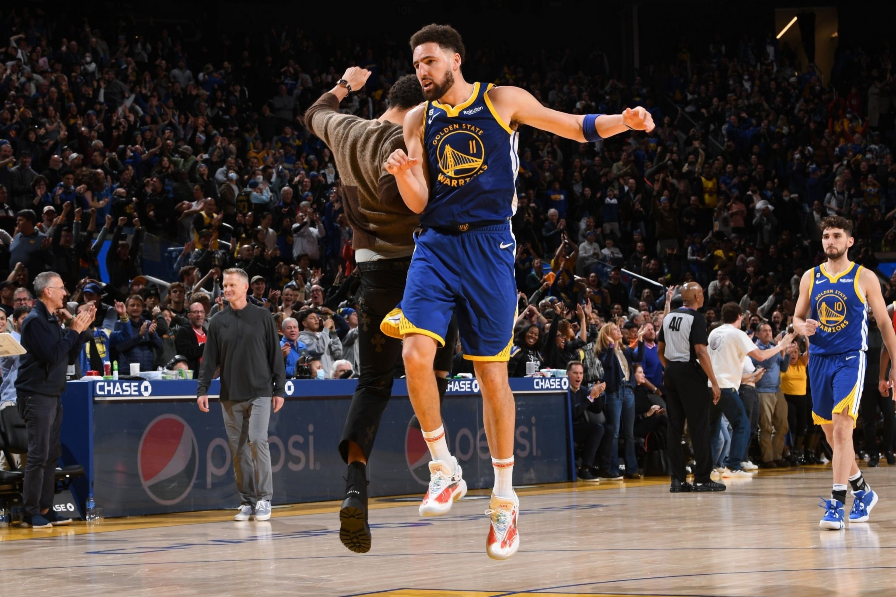 SAN FRANCISCO, CA - JANUARY 2: Klay Thompson #11 of the Golden State Warriors celebrates during the game against the Atlanta Hawks on January 2, 2023 at Chase Center in San Francisco, California.