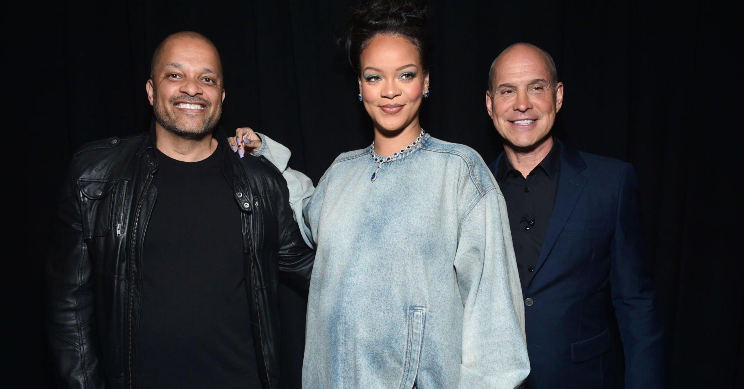LAS VEGAS, NEVADA - APRIL 27: (L-R) Jay Brown, Rihanna and Brian Robbins, President & CEO, Paramount Pictures, pose for photos at the Paramount Pictures presentation during CinemaCon 2023, the official convention of the National Association of Theatre Owners, at Caesars Palace on April 27, 2023 in Las Vegas, Nevada. (Photo by Alberto E. Rodriguez/Getty Images for CinemaCon)