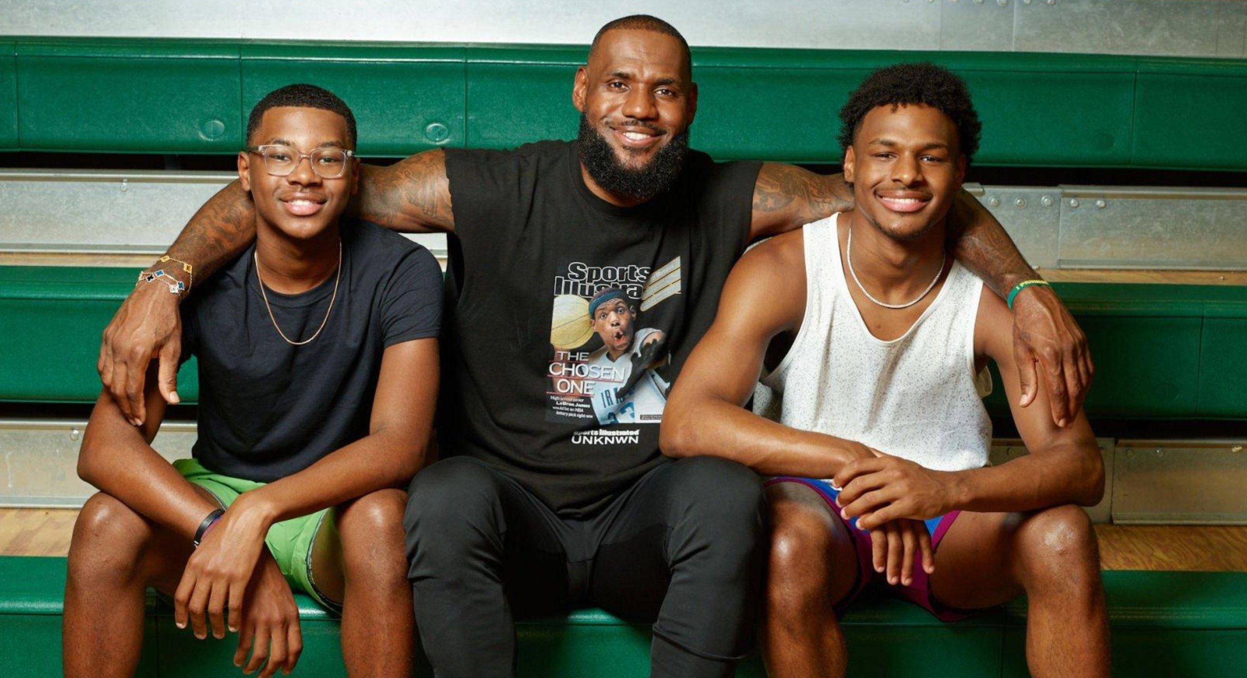 Basketball: Portrait of Los Angeles Lakers LeBron James (6) and his two sons Bronny James and Bryce James at St. Vincent-St. Mary High School. Akron, OH 7/1/2022 CREDIT: Jeffery A. Salter (Photo by Jeffery Salter/Sports Illustrated via Getty Images)