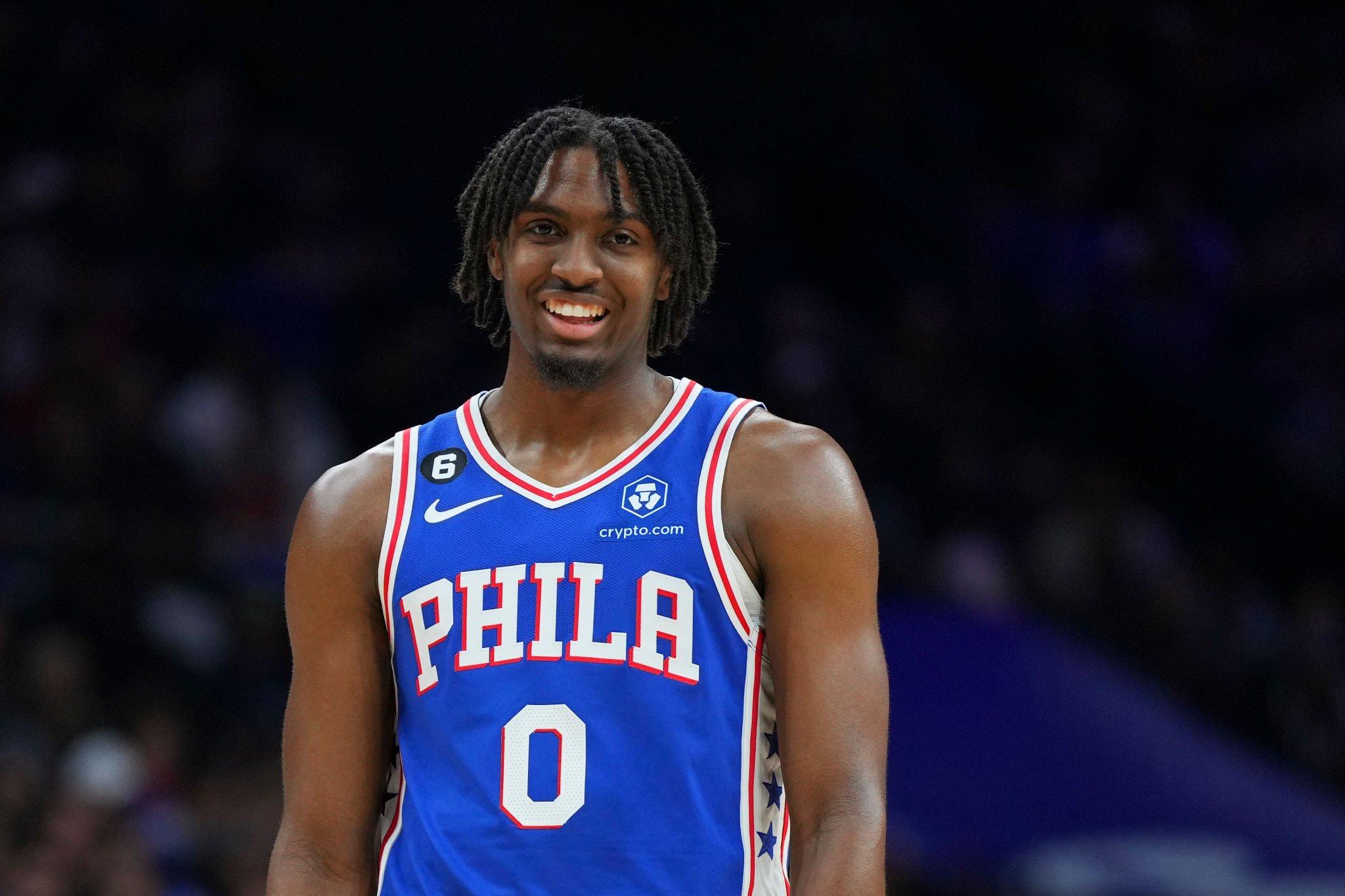 PHILADELPHIA, PA - JANUARY 04: Tyrese Maxey #0 of the Philadelphia 76ers smiles against the Indiana Pacers at the Wells Fargo Center on January 4, 2023 in Philadelphia, Pennsylvania. NOTE TO USER: User expressly acknowledges and agrees that, by downloading and or using this photograph, User is consenting to the terms and conditions of the Getty Images License Agreement. (Photo by Mitchell Leff/Getty Images)