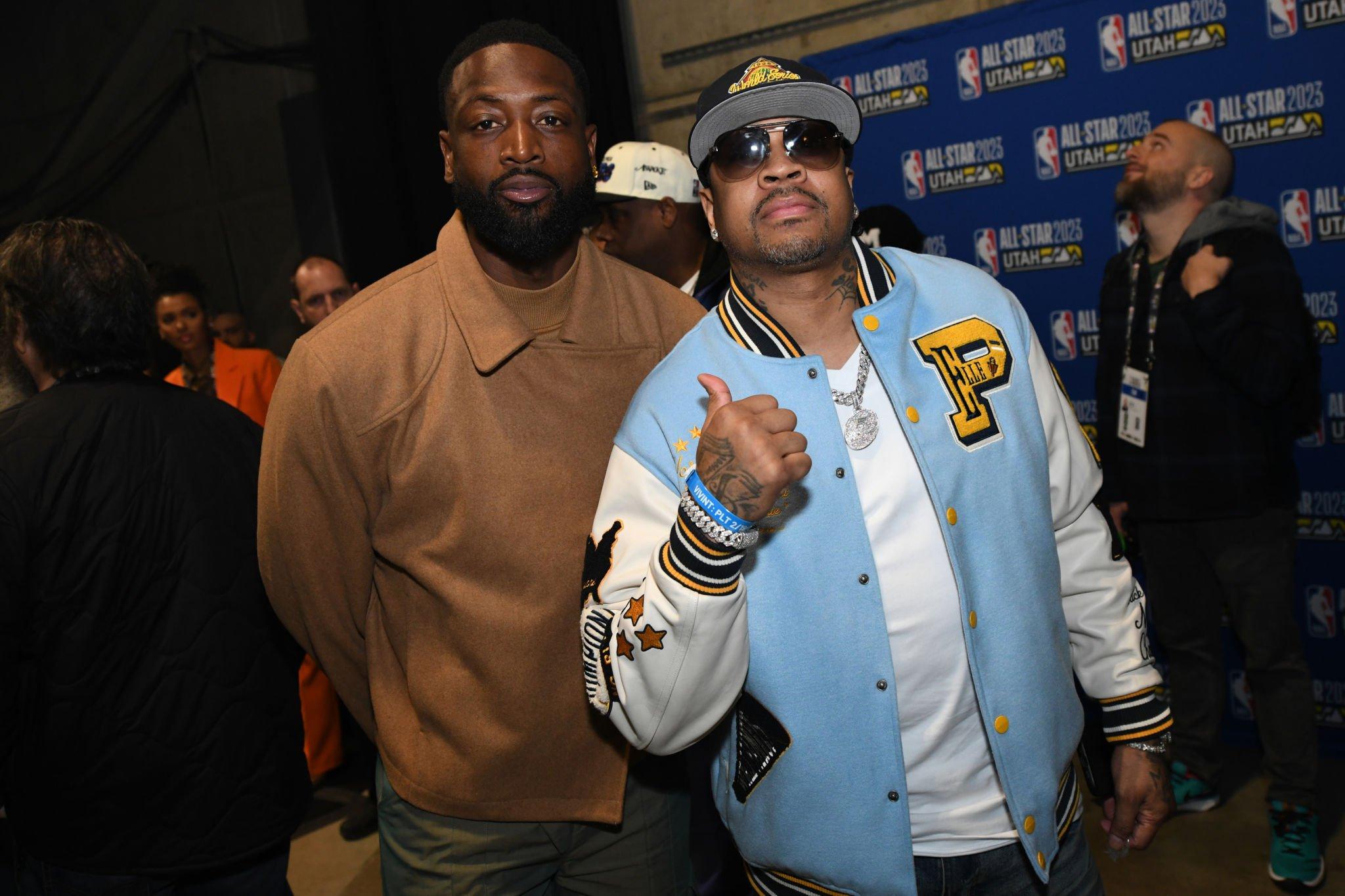 SALT LAKE CITY, UT - FEBRUARY 19: Dwyane Wade and Allen Iverson poses for a photo during the NBA All-Star Game as part of 2023 NBA All Star Weekend on Sunday, February 19, 2023 at Vivint Arena in Salt Lake City, Utah. NOTE TO USER: User expressly acknowledges and agrees that, by downloading and/or using this Photograph, user is consenting to the terms and conditions of the Getty Images License Agreement. Mandatory Copyright Notice: Copyright 2023 NBAE (Photo by Tom OConnor/NBAE via Getty Images)