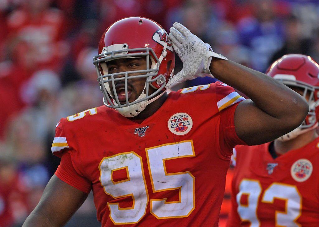 KANSAS CITY, MO - NOVEMBER 03: Defensive end Chris Jones #95 of the Kansas City Chiefs reacts to the crowd during the second half against the Minnesota Vikings at Arrowhead Stadium on November 3, 2019 in Kansas City, Missouri. (Photo by Peter G. Aiken/Getty Images)