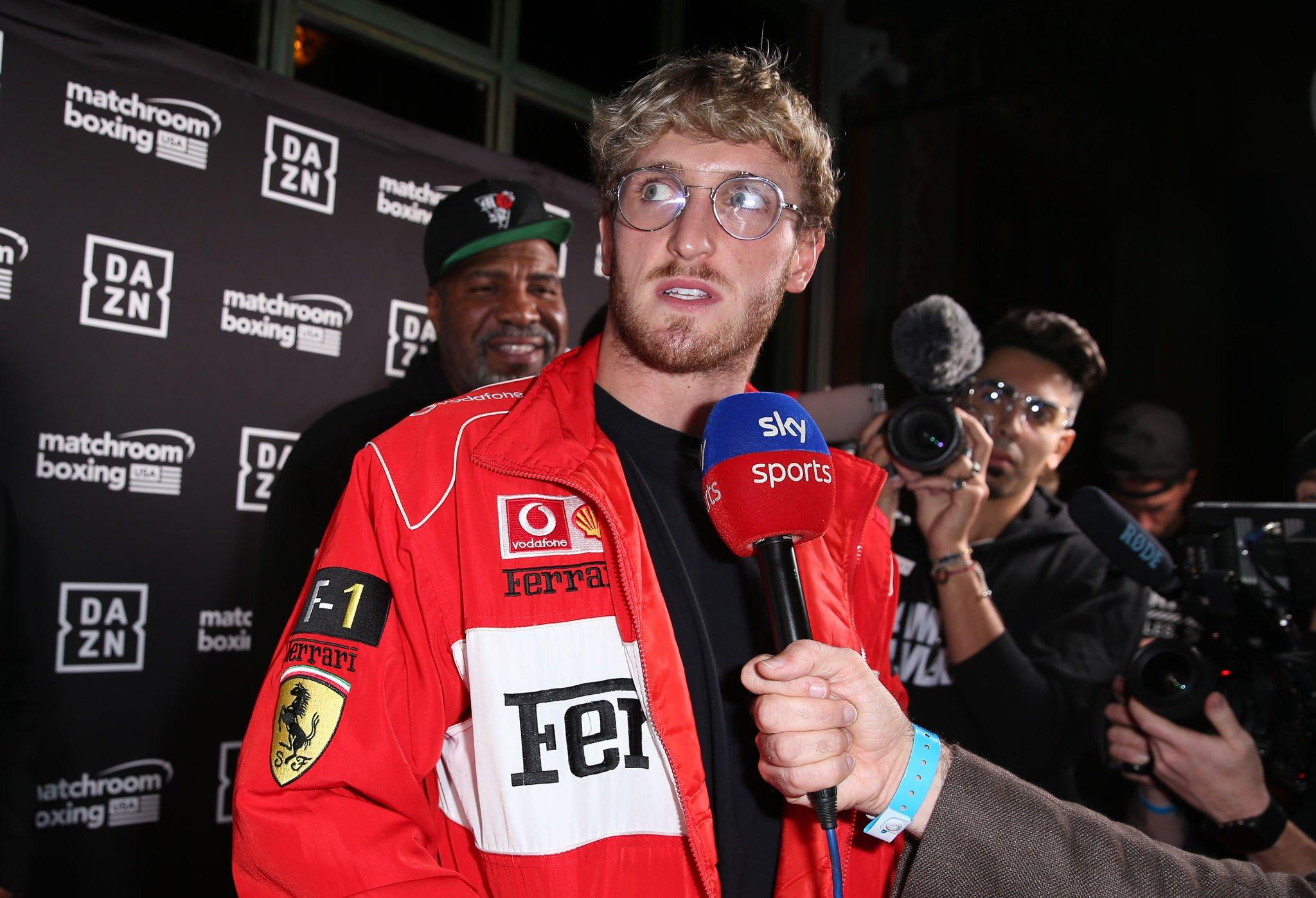 LOS ANGELES, CALIFORNIA - NOVEMBER 04: Logan Paul speaks to the media as he arrives for the screening of DAZN's "40 Days" at Belasco Theatre on November 04, 2019 in Los Angeles, California. Logan Paul is Disappointed with JiDion Hyping Up Dillon Danis
