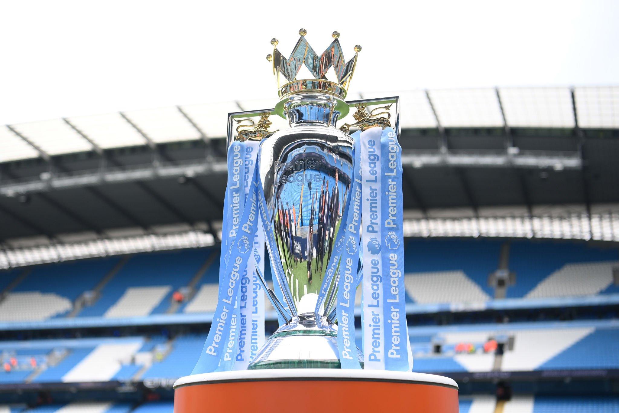 MANCHESTER, ENGLAND - MAY 22: A detailed view of the Premier League trophy prior to the Premier League match between Manchester City and Aston Villa at Etihad Stadium on May 22, 2022 in Manchester, England. (Photo by Michael Regan/Getty Images)