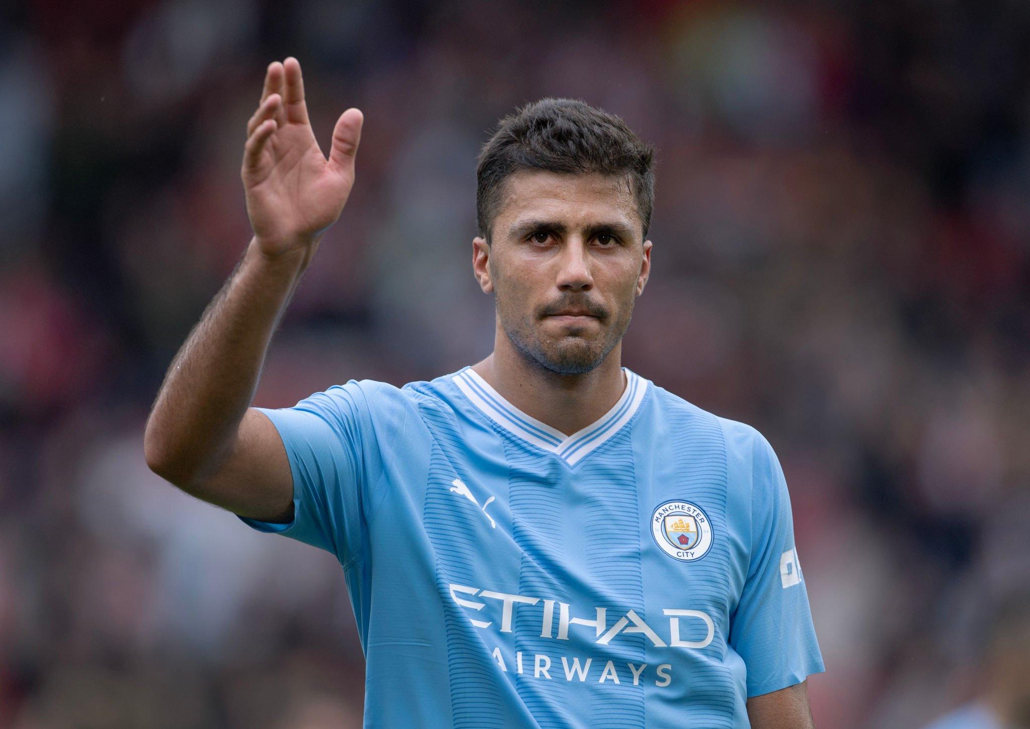 Rodri of Man City waves to fans after the Premier League match between Sheffield United and Manchester City at Bramall Lane on August 27, 2023 in Sheffield, England.