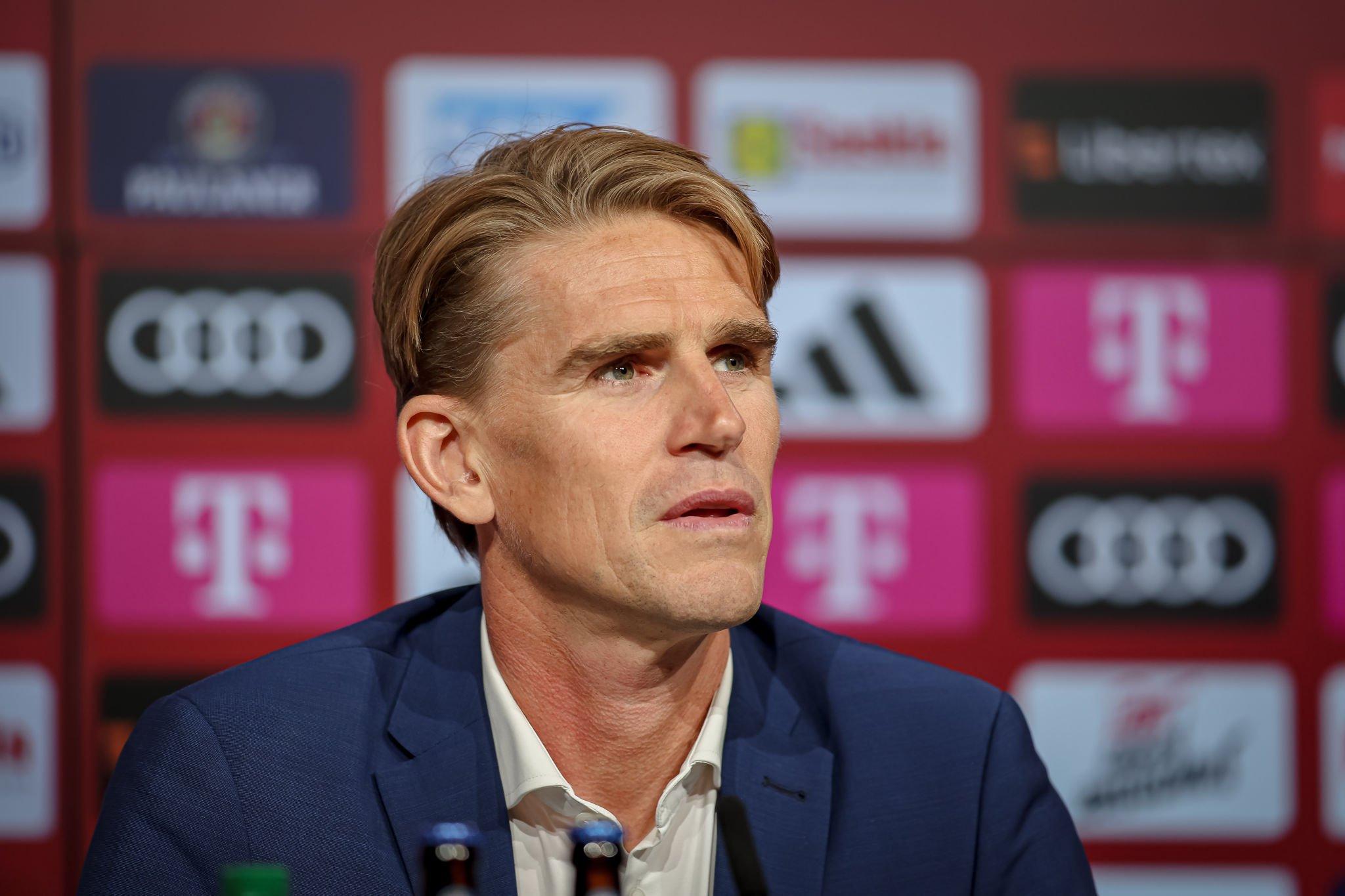 Christoph Freund during a press conference presenting the new sporting director of FC Bayern Muenchen at Allianz Arena on August 30, 2023 in Munich, Germany. (Photo by Leonhard Simon/Getty Images)