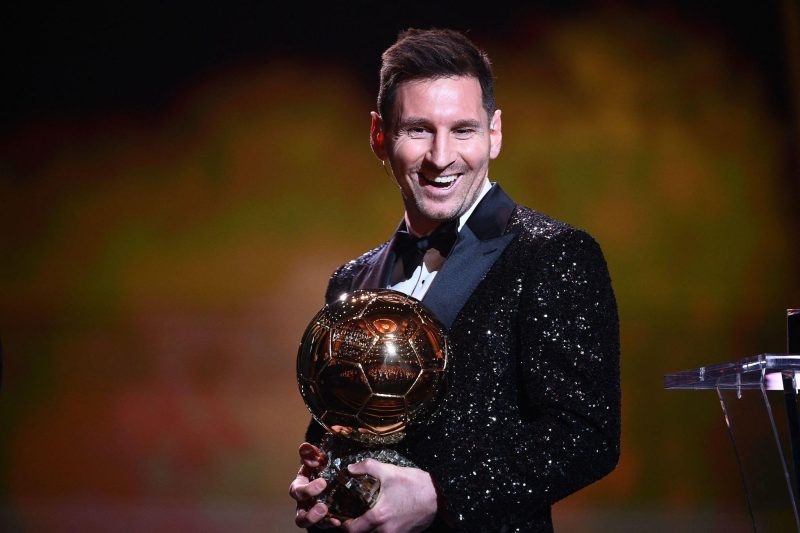 Paris Saint-Germain's Argentine forward Lionel Messi reacts after being awarded the the Ballon d'Or award during the 2021 Ballon d'Or France Football award ceremony at the Theatre du Chatelet in Paris on November 29, 2021.