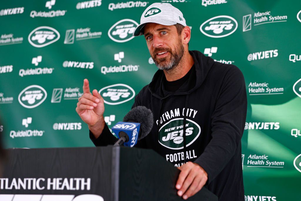 FLORHAM PARK, NEW JERSEY - JULY 26: Quarterback Aaron Rodgers #8 of the New York Jets talks to reporters after training camp at Atlantic Health Jets Training Center on July 26, 2023 in Florham Park, New Jersey. (Photo by Rich Schultz/Getty Images)