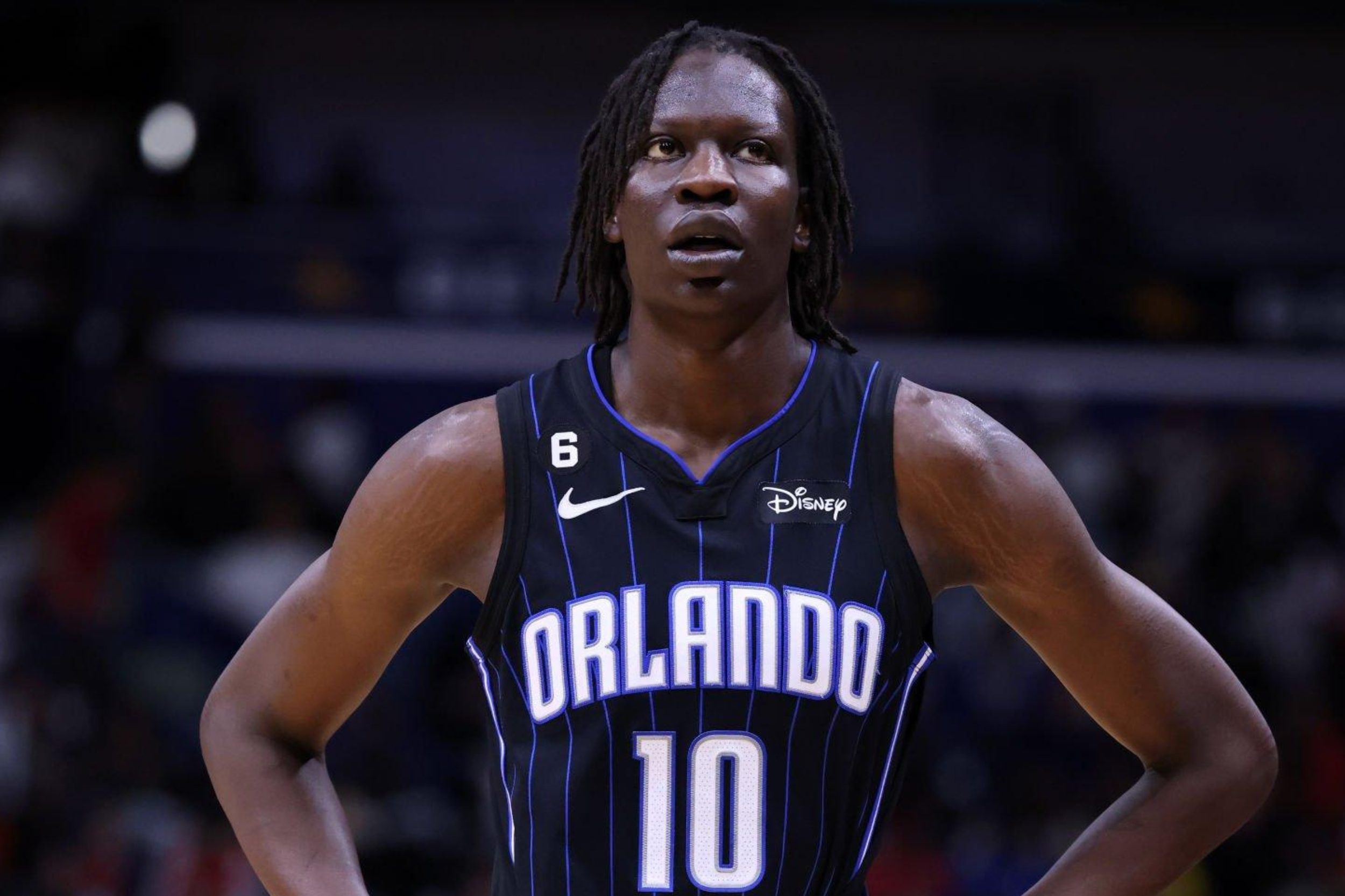 NEW ORLEANS, LOUISIANA - FEBRUARY 27: Bol Bol #10 of the Orlando Magic reacts against the New Orleans Pelicans during a game at the Smoothie King Center on February 27, 2023 in New Orleans, Louisiana. NOTE TO USER: User expressly acknowledges and agrees that, by downloading and or using this Photograph, user is consenting to the terms and conditions of the Getty Images License Agreement. (Photo by Jonathan Bachman/Getty Images)