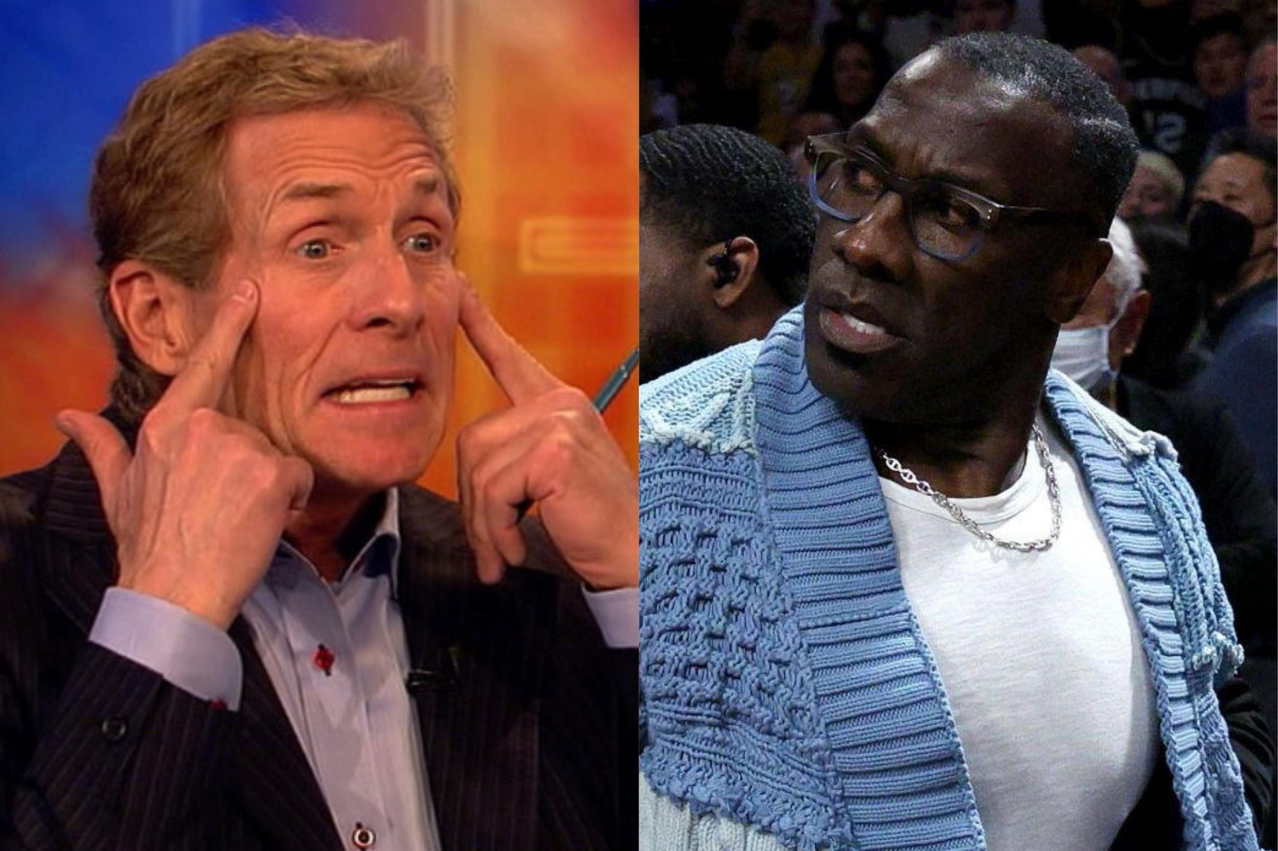 (left) Skip Bayless in a heated argument. (Right) SHannon Sharpe looking back at basketball game.