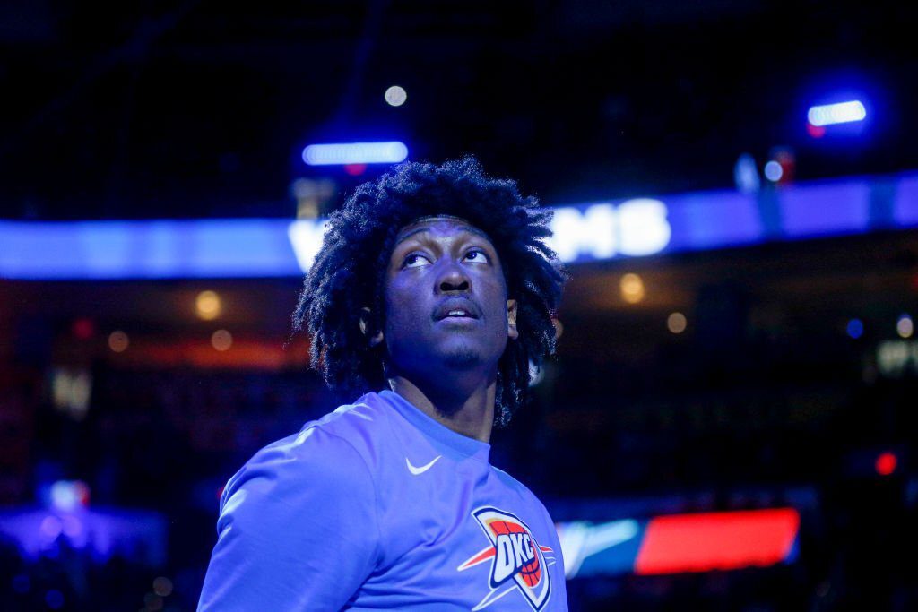OKLAHOMA CITY, OKLAHOMA - MARCH 19: Jalen Williams #8 of the Oklahoma City Thunder looks on during pregame against the Phoenix Suns at Paycom Center on March 19, 2023 in Oklahoma City, Oklahoma. NOTE TO USER: User expressly acknowledges and agrees that, by downloading and or using this photograph, User is consenting to the terms and conditions of the Getty Images License Agreement. (Photo by Ian Maule/Getty Images)