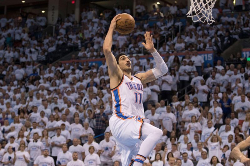 KLAHOMA CITY, OK - MAY 8: Enes Kanter #11 of the Oklahoma City Thunder dunks two points against the San Antonio Spurs during Game Four of the Western Conference Semifinals during the 2016 NBA Playoffs at the Chesapeake Energy Arena on May 8, 2016 in Oklahoma City, Oklahoma. NOTE TO USER: User expressly acknowledges and agrees that, by downloading and or using this photograph, User is consenting to the terms and conditions of the Getty Images License Agreement. (Photo by J Pat Carter/Getty Images)