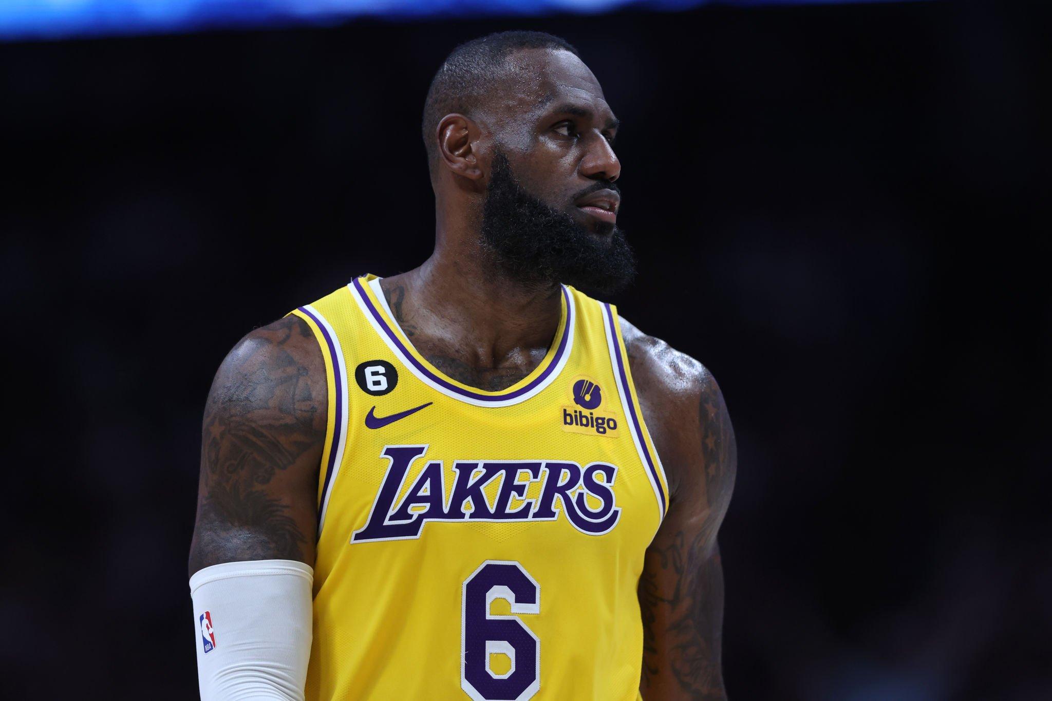 DENVER, COLORADO - MAY 16: LeBron James #6 of the Los Angeles Lakers reacts during the fourth quarter against the Denver Nuggets in game one of the Western Conference Finals at Ball Arena on May 16, 2023 in Denver, Colorado. NOTE TO USER: User expressly acknowledges and agrees that, by downloading and or using this photograph, User is consenting to the terms and conditions of the Getty Images License Agreement. (Photo by Matthew Stockman/Getty Images)