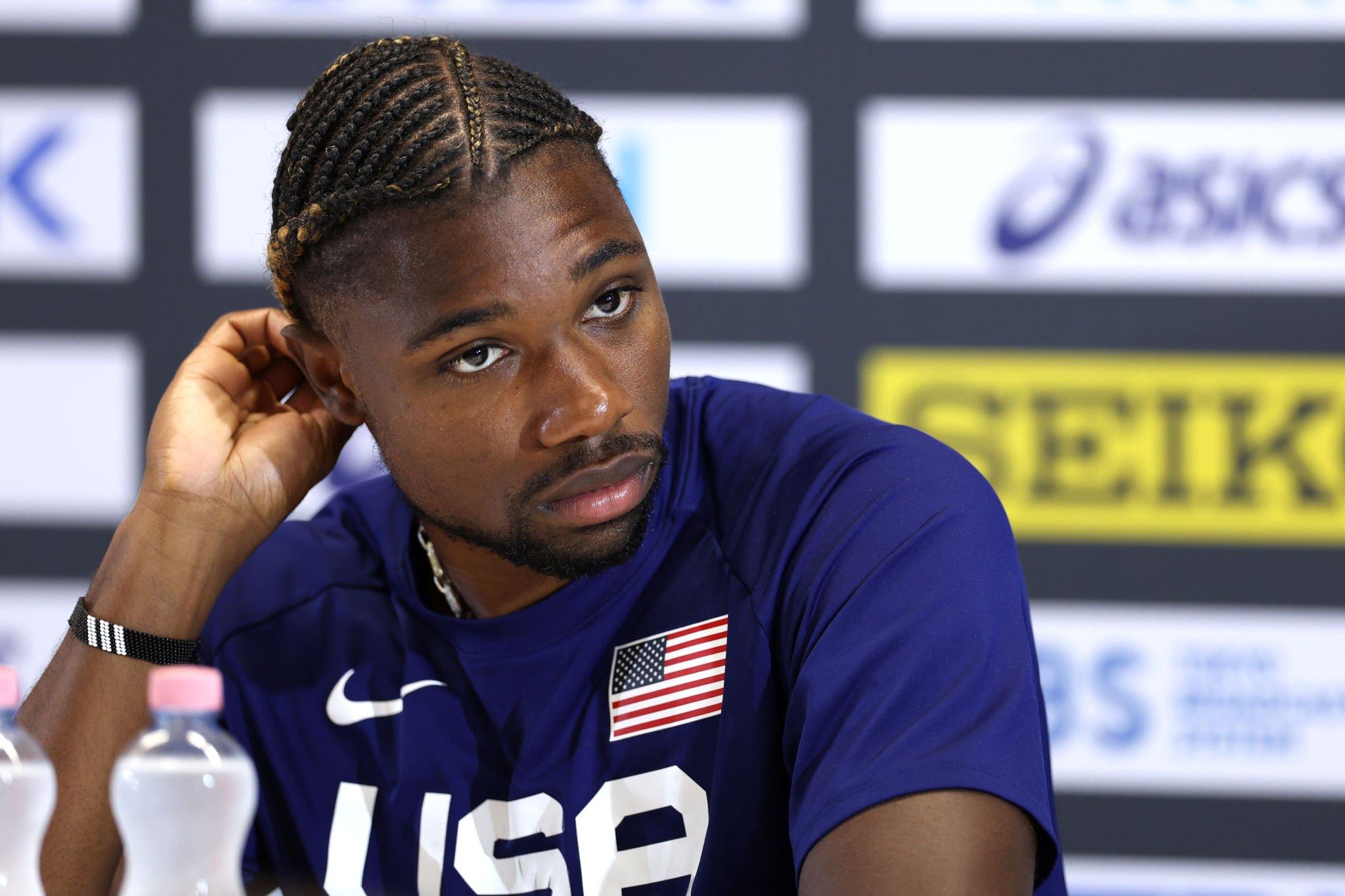 BUDAPEST, HUNGARY - AUGUST 18: Noah Lyles of Team United States looks on during a press conference ahead of the World Athletics Championships Budapest 2023 at National Athletics Centre on August 18, 2023 in Budapest, Hungary. (Photo by Christian Petersen/Getty Images for World Athletics)