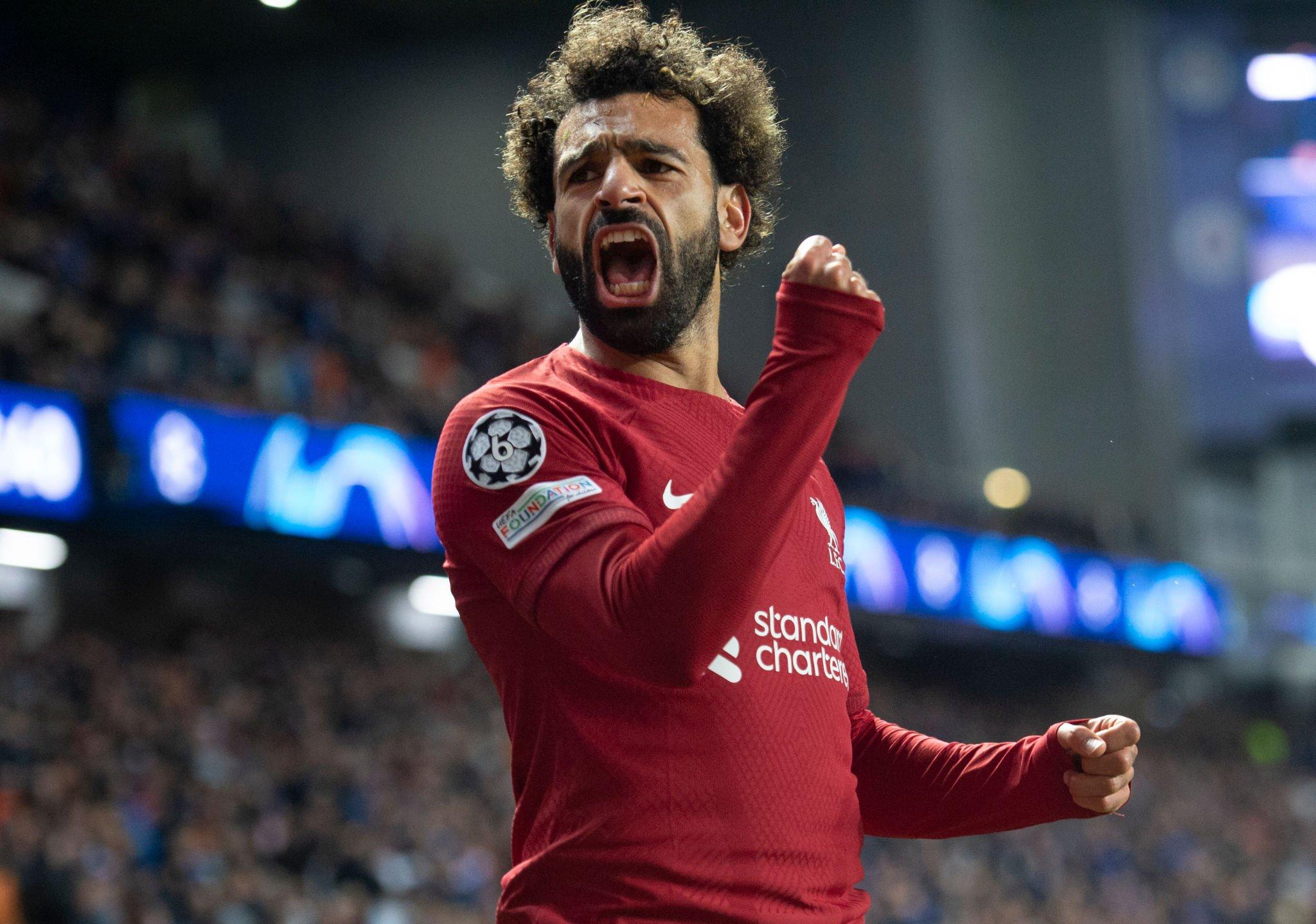 GLASGOW, SCOTLAND - OCTOBER 12: Mohamed Salah of Liverpool FC celebrates scoring his third goal during the UEFA Champions League group A match between Rangers FC and Liverpool FC at Ibrox Stadium on October 12, 2022 in Glasgow, United Kingdom. (Photo by Joe Prior/Visionhaus via Getty Images)