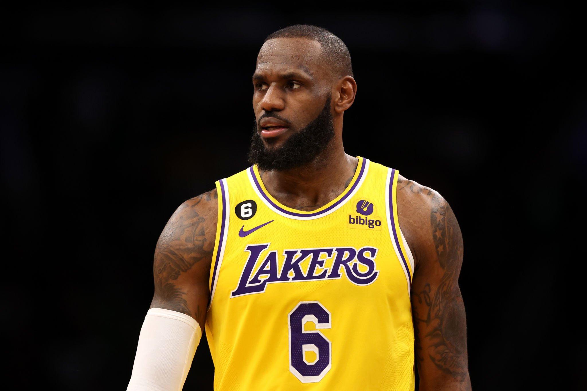 BOSTON, MASSACHUSETTS - JANUARY 28: LeBron James #6 of the Los Angeles Lakers looks on during the second half against the Boston Celtics at TD Garden on January 28, 2023 in Boston, Massachusetts. The Celtics defeat the Lakers 125-121. (Photo by Maddie Meyer/Getty Images)