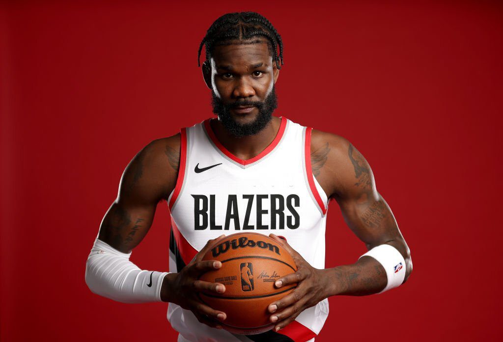 PORTLAND, OREGON - OCTOBER 02: Deandre Ayton #2 of the Portland Trail Blazers poses for a portrait during Blazers Media Day at Veterans Memorial Coliseum on October 02, 2023 in Portland, Oregon. NOTE TO USER: User expressly acknowledges and agrees that, by downloading and/or using this photograph, user is consenting to the terms and conditions of the Getty Images License Agreement. (Photo by Steph Chambers/Getty Images)