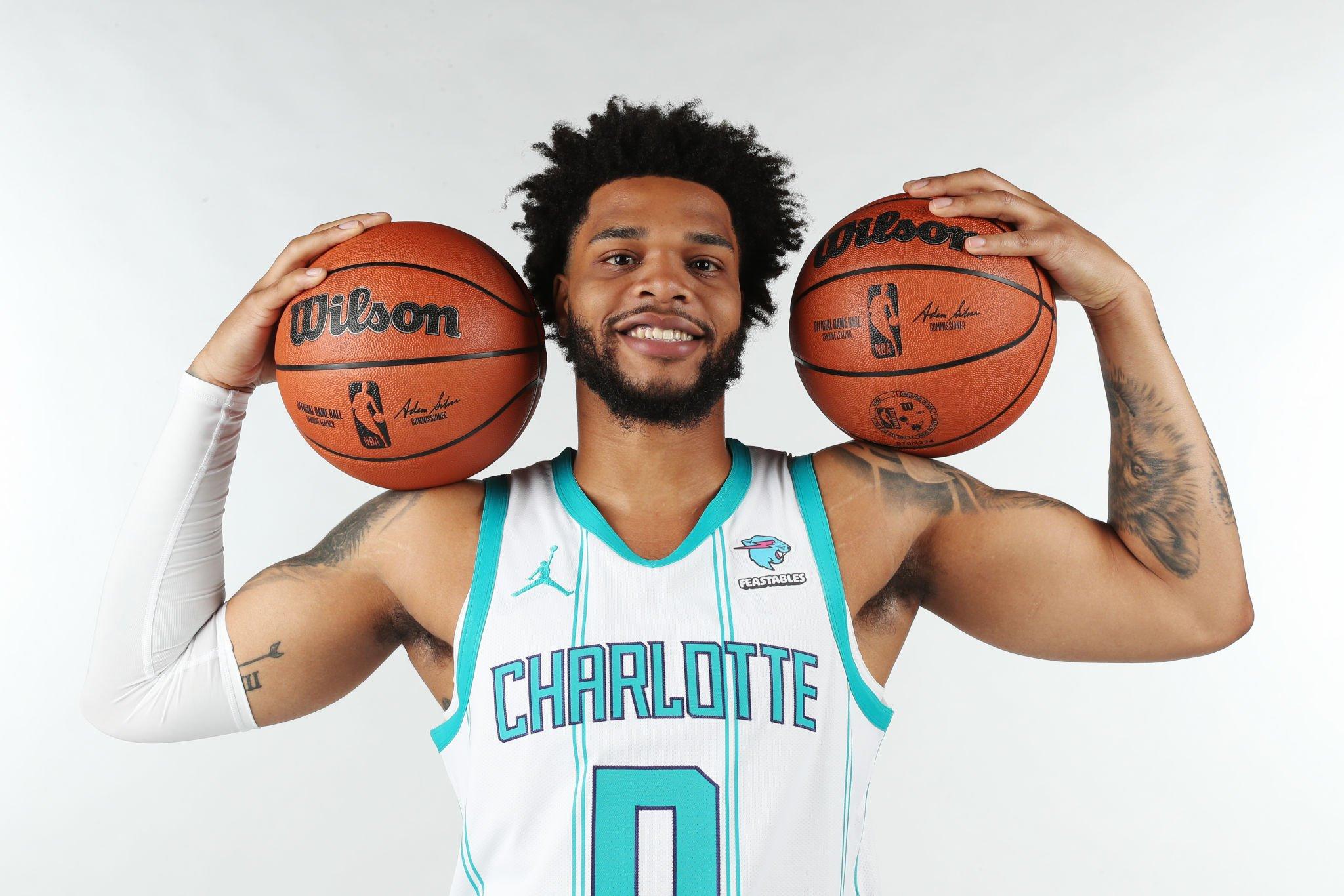 CHARLOTTE, NC - OCTOBER 2: Miles Bridges #0 of the Charlotte Hornets poses for a portrait during 2023 -24 NBA Media Day on October 2, 2023 at Spectrum Center in Charlotte, North Carolina. NOTE TO USER: User expressly acknowledges and agrees that, by downloading and or using this photograph, User is consenting to the terms and conditions of the Getty Images License Agreement. Mandatory Copyright Notice: Copyright 2023 NBAE (Photo by Kent Smith/NBAE via Getty Images)