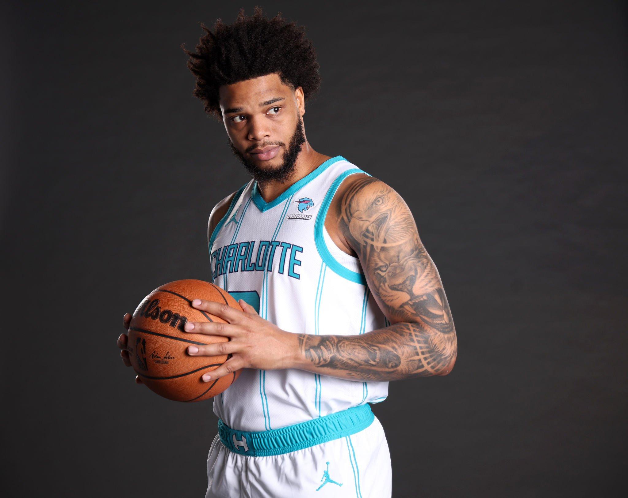 CHARLOTTE, NORTH CAROLINA - OCTOBER 02: Miles Bridges #0 of the Charlotte Hornets poses for a portrait during Charlotte Hornets Media Day at Spectrum Center on October 02, 2023 in Charlotte, North Carolina. NOTE TO USER: User expressly acknowledges and agrees that, by downloading and or using this photograph, User is consenting to the terms and conditions of the Getty Images License Agreement. (Photo by Jared C. Tilton/Getty Images)