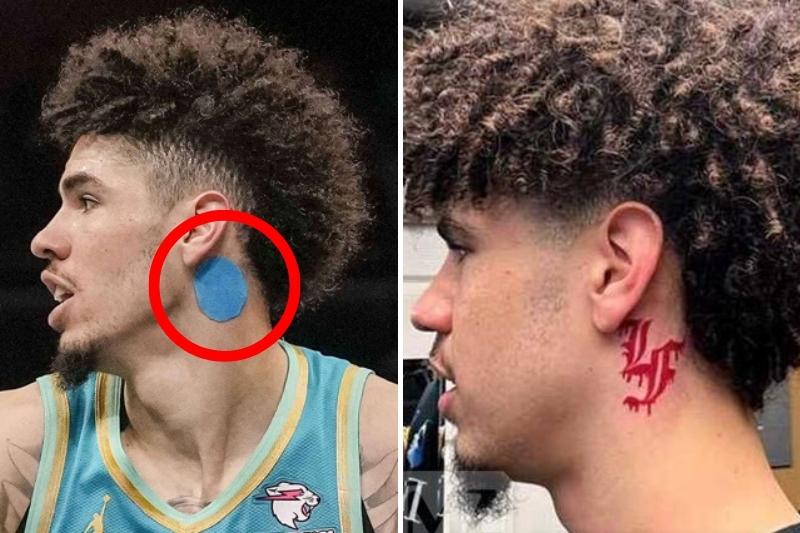 (Left) Picture of LaMelo Ball with his "LF" tattoo covered up while playing an NBA game. (Right) Picture of LaMelo Ball's LF Tattoo below is ear.