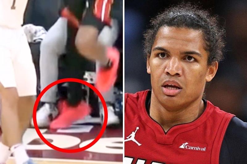 (left) Dru Smith stepping on a piece of paper that eventually injured him on the Cavs elevated court. (Right) Picture of Dru Smith.