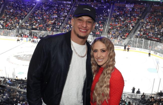 LAS VEGAS, NEVADA - FEBRUARY 04: Patrick Mahomes of the Kansas City Chiefs and Brittany Matthews attend the 2022 NHL All-Star Skills as part of the 2022 NHL All-Star Weekend on February 04, 2022 in Las Vegas, Nevada. (Photo by Chase Agnello-Dean/NHLI via Getty Images)