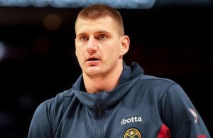 DETROIT, MICHIGAN - NOVEMBER 20: Nikola Jokic #15 of the Denver Nuggets looks on while warming up against the Detroit Pistons at Little Caesars Arena on November 20, 2023 in Detroit, Michigan. NOTE TO USER: User expressly acknowledges and agrees that, by downloading and or using this photograph, User is consenting to the terms and conditions of the Getty Images License Agreement. (Photo by Nic Antaya/Getty Images)